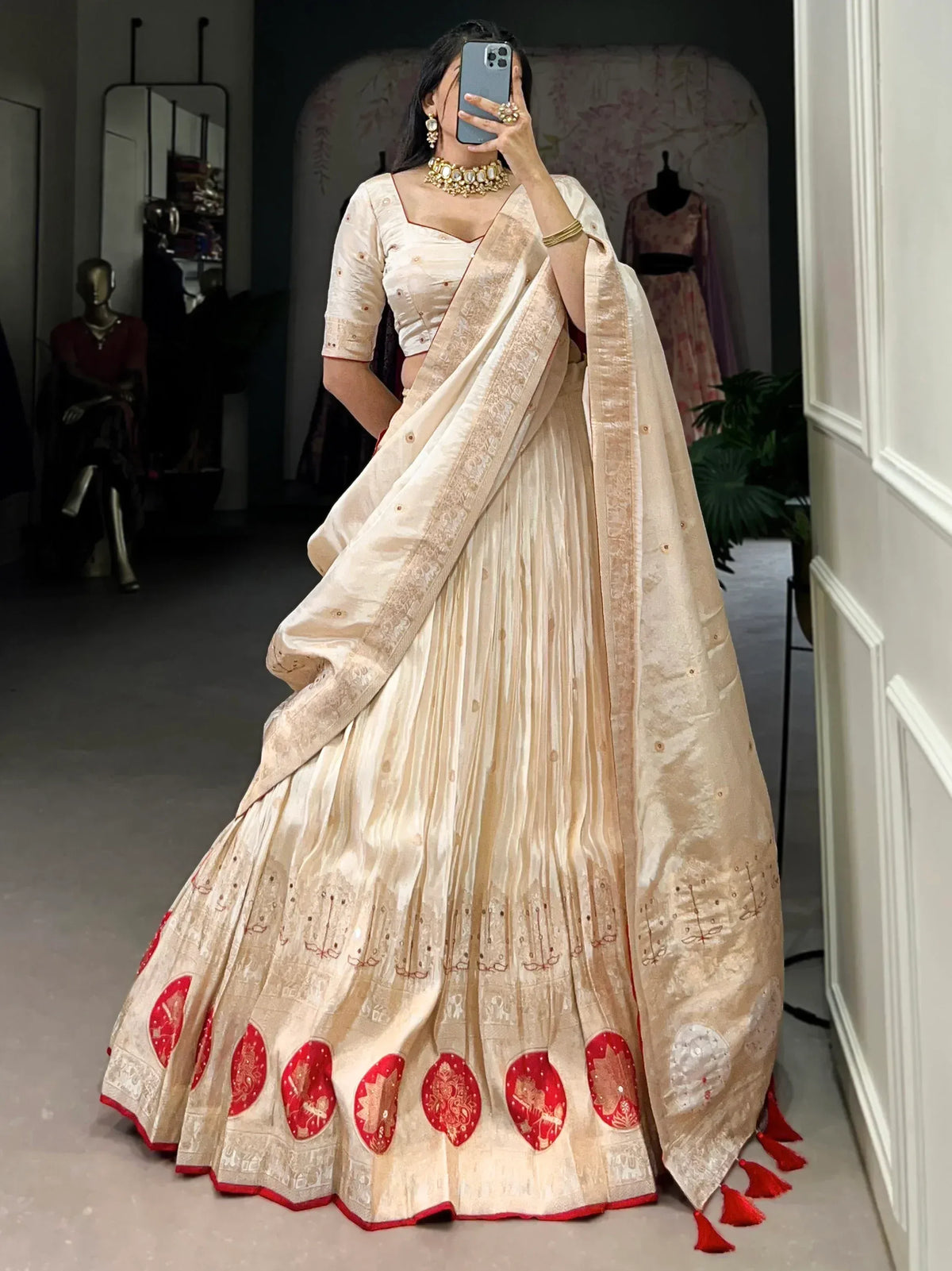 Cream and red embroidered lehenga choli with dupatta, Indian ethnic wear for weddings and festivals