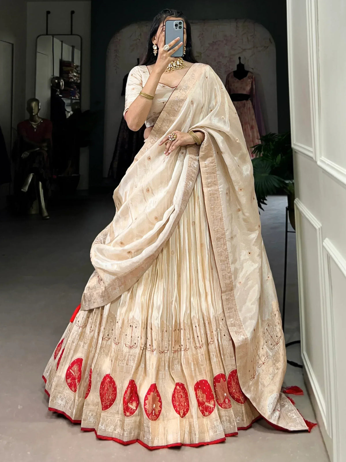 Cream and red embroidered lehenga choli with dupatta, Indian ethnic wear for weddings and festivals