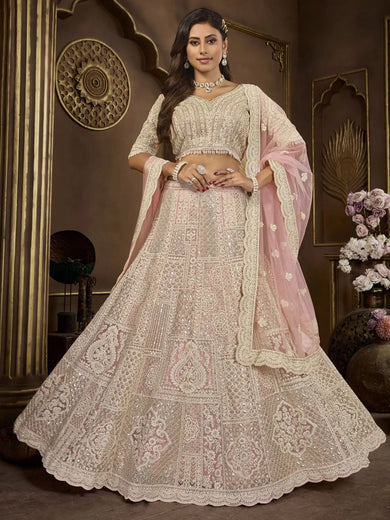 Charming Peach Sequins Net Bridesmaid Lehenga Choli With Dupatta - Ethnic Plus In