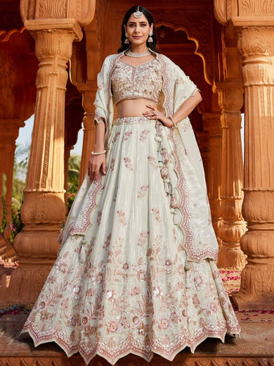 Charming Pista Green Embroidered Tissue Silk Wedding Lehenga Choli - Ethnic Plus In