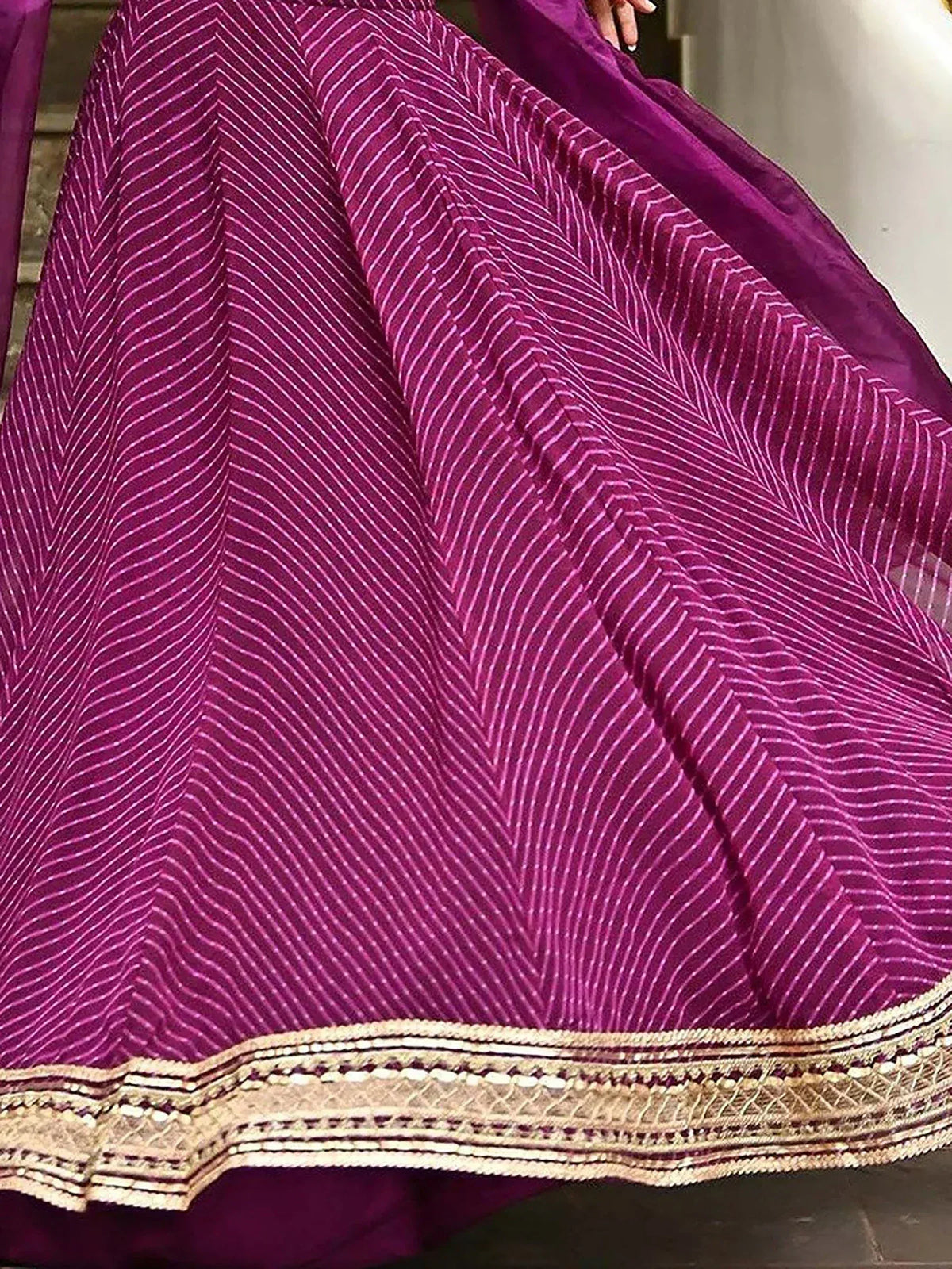 Purple lehenga with chevron print and gold border, Indian ethnic wear