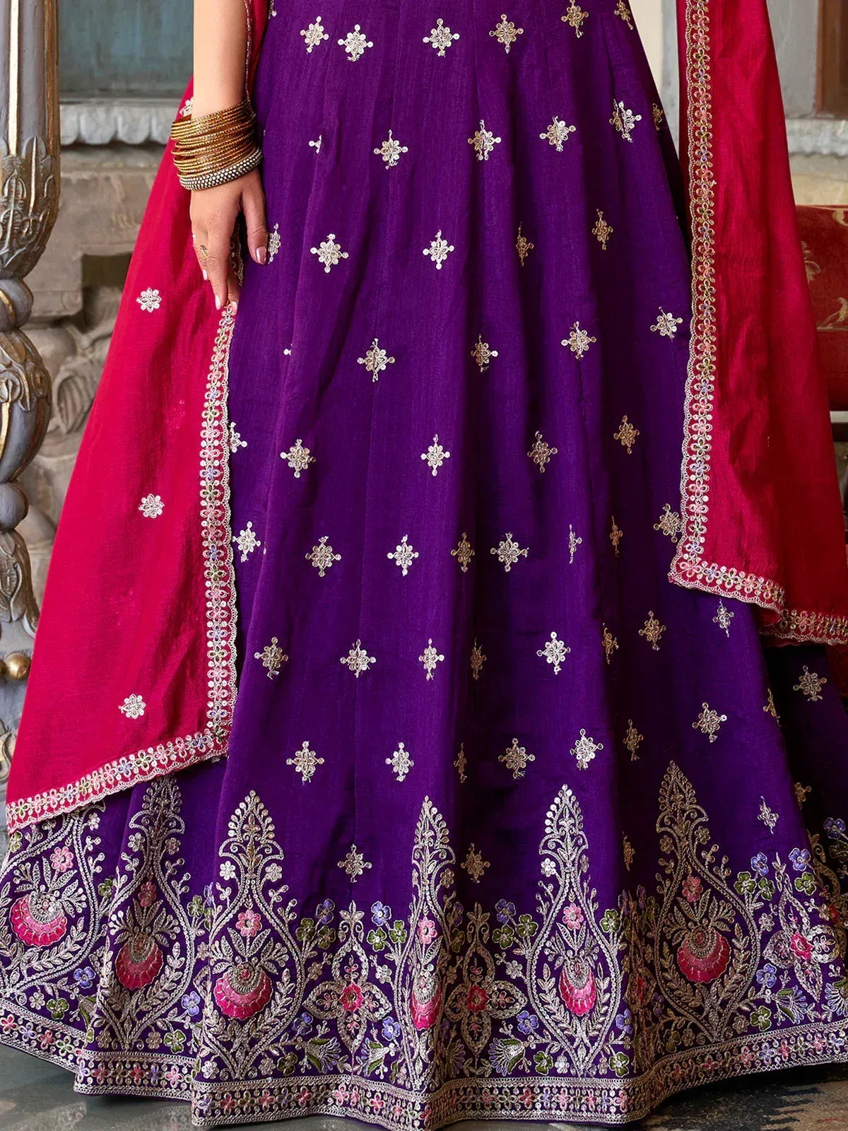 Purple embroidered lehenga with red dupatta, floral gold detailing, Indian ethnic wear