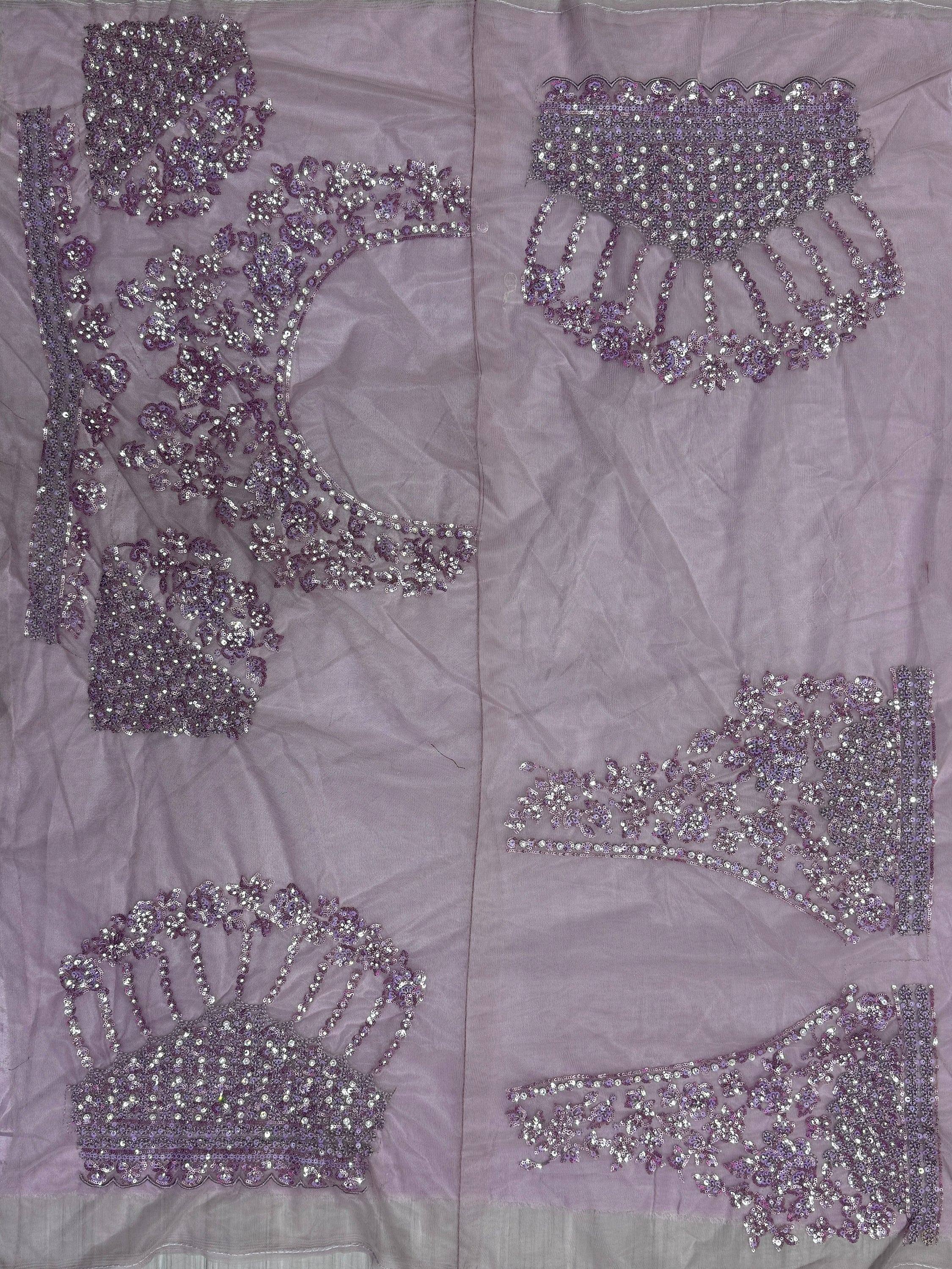 Lavender ethnic wear fabric with intricate sequin and bead embroidery for designer lehenga or saree
