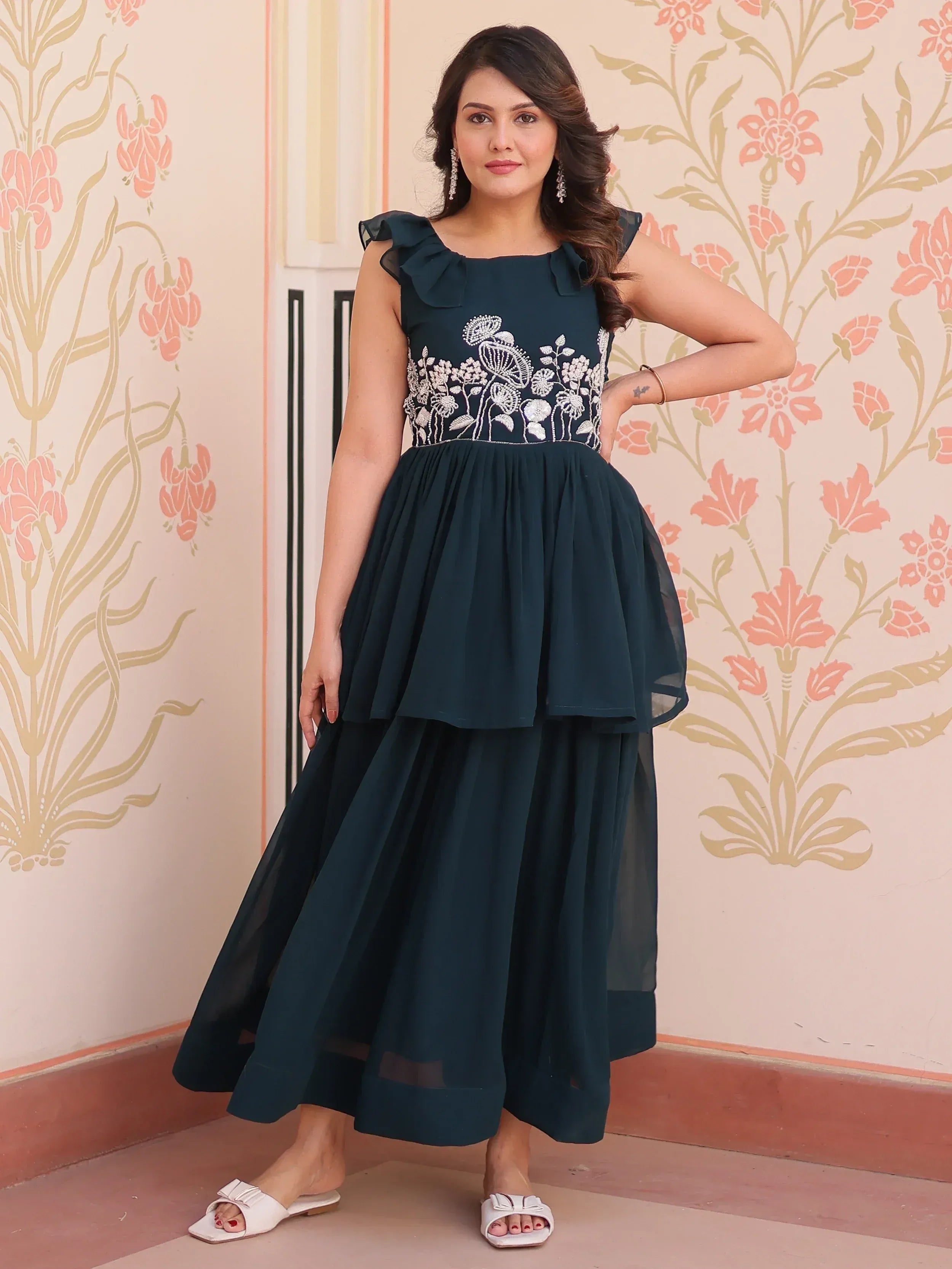 Dark green ethnic gown with floral embroidery and ruffle sleeves for women