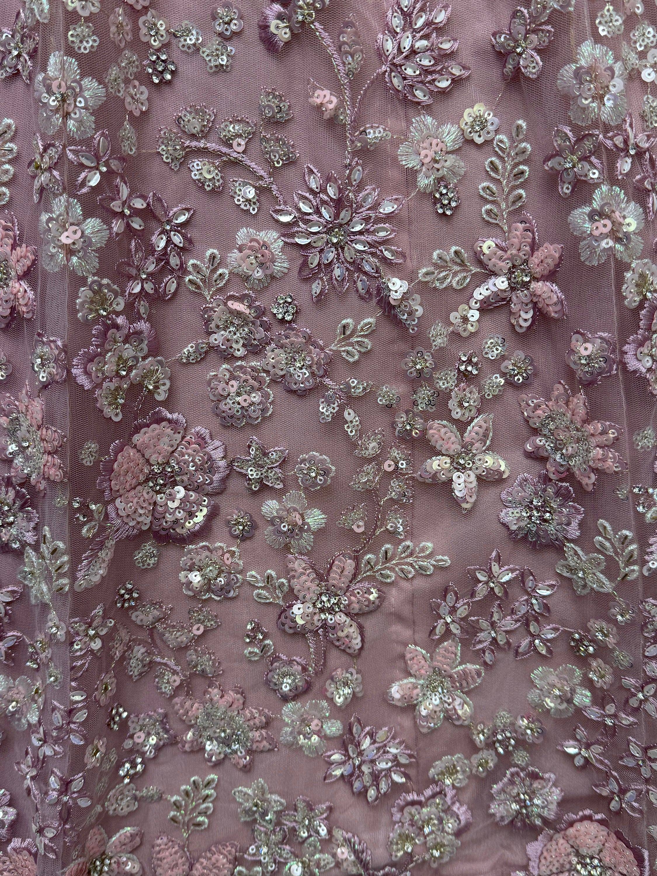 Pink floral sequin embroidery on sheer fabric for ethnic wear