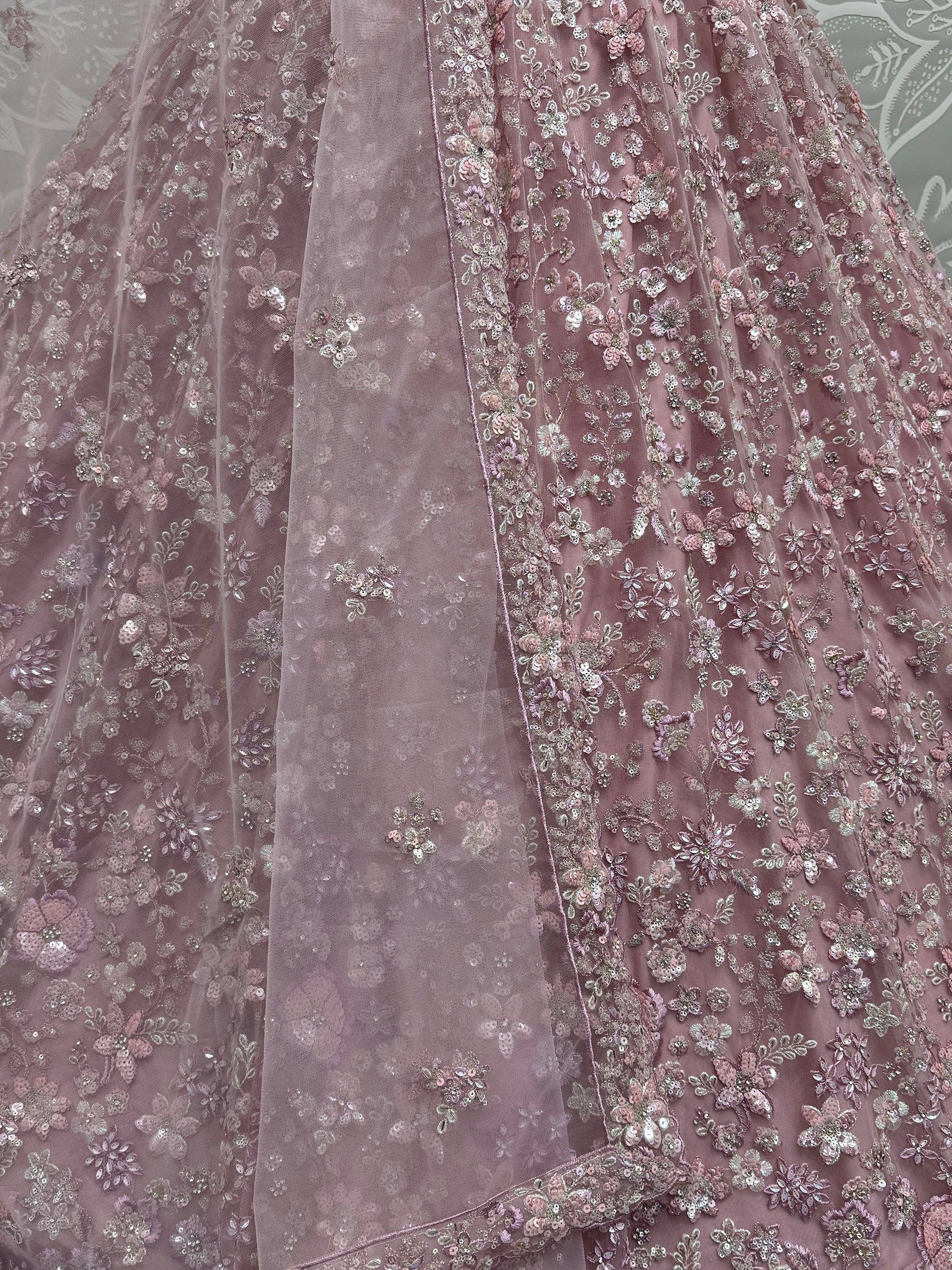Dusty rose designer lehenga with intricate floral sequin embroidery and sheer overlay