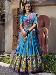 Charming Sky - Blue Kalamkari Print Tussar Silk Festive Wear Lehenga Choli - Ethnic Plus In