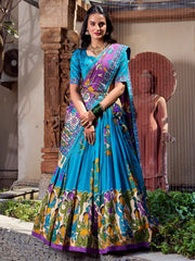 Charming Sky - Blue Kalamkari Print Tussar Silk Festive Wear Lehenga Choli - Ethnic Plus In