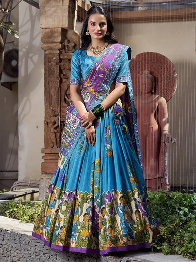 Charming Sky - Blue Kalamkari Print Tussar Silk Festive Wear Lehenga Choli - Ethnic Plus In