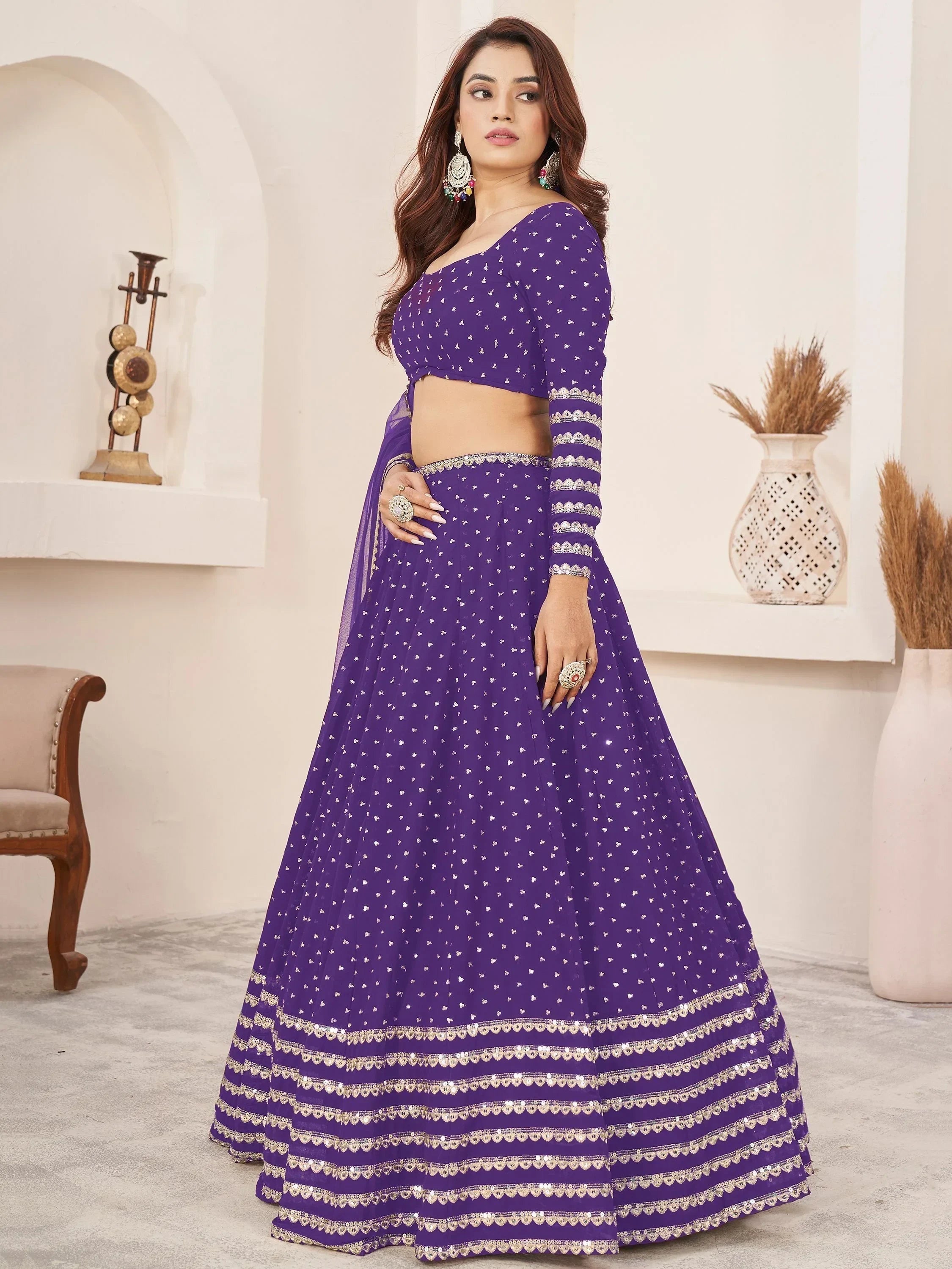 Purple designer lehenga choli with silver embroidery, perfect for Indian ethnic wear occasions