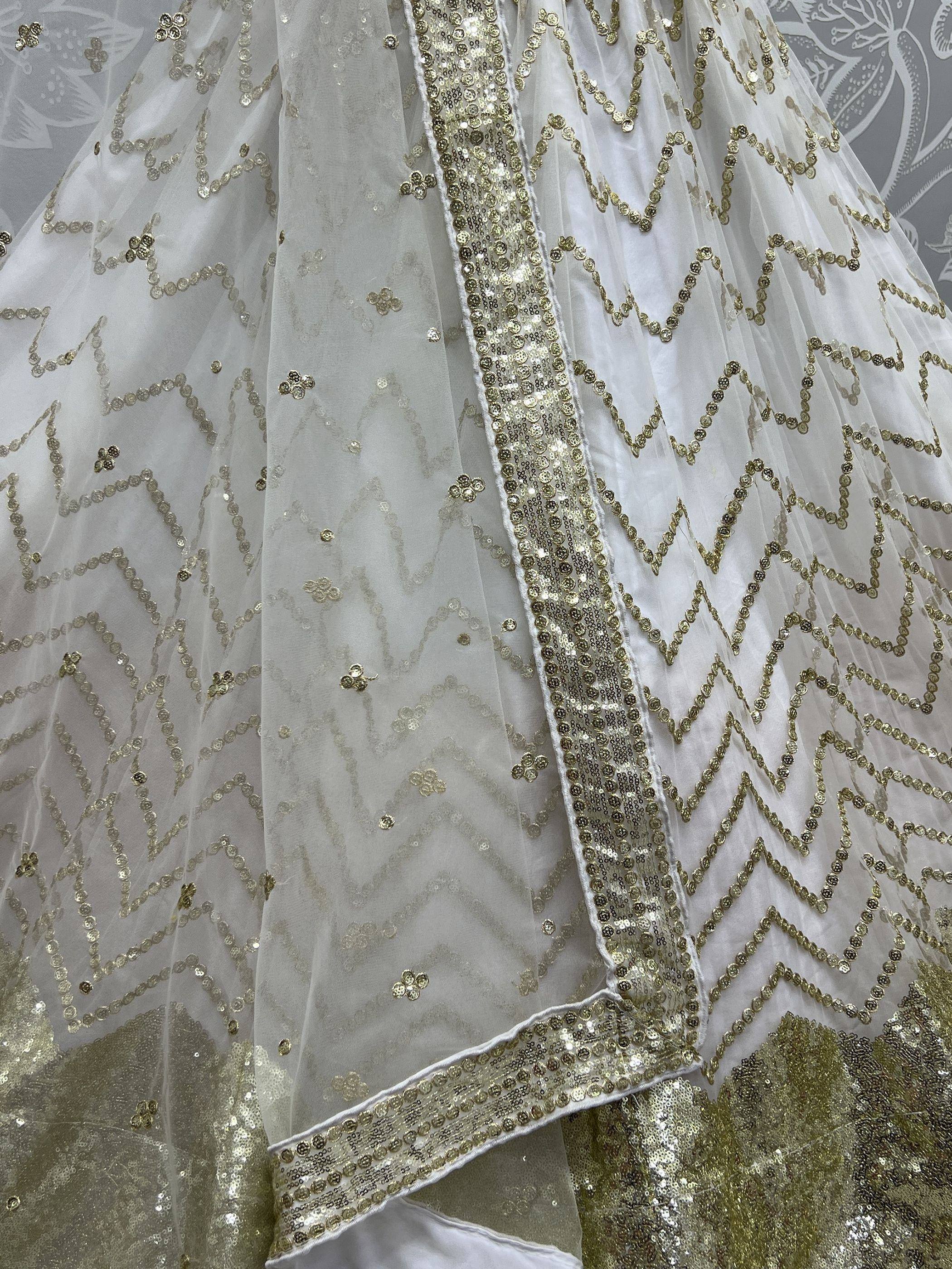 White and gold sequin lehenga with zigzag embroidery, ethnic Indian wedding wear