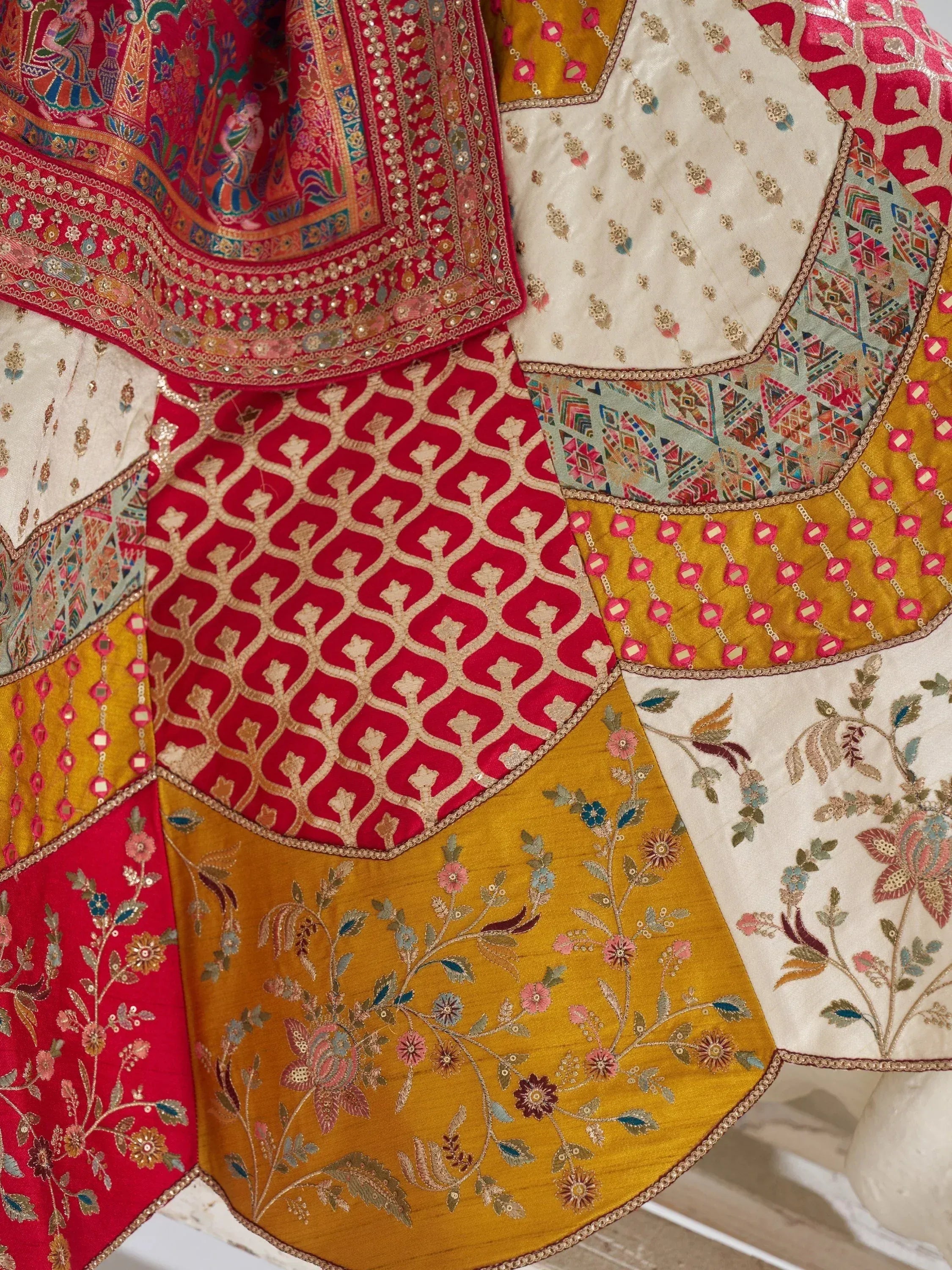 Indian ethnic wear with intricate embroidery, floral patterns, and vibrant colors for festive occasions