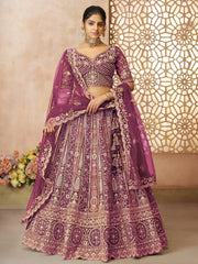 Charming Wine Thread Work Net Reception Wear Lehenga Choli - Ethnic Plus In