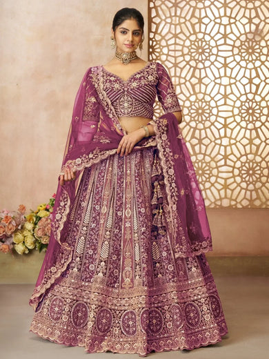 Charming Wine Thread Work Net Reception Wear Lehenga Choli - Ethnic Plus In