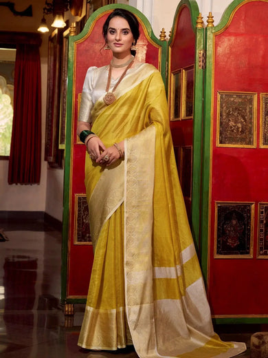 Charming Yellow Jacquard Silk Zari Weaving Saree With Blouse - Ethnic Plus In