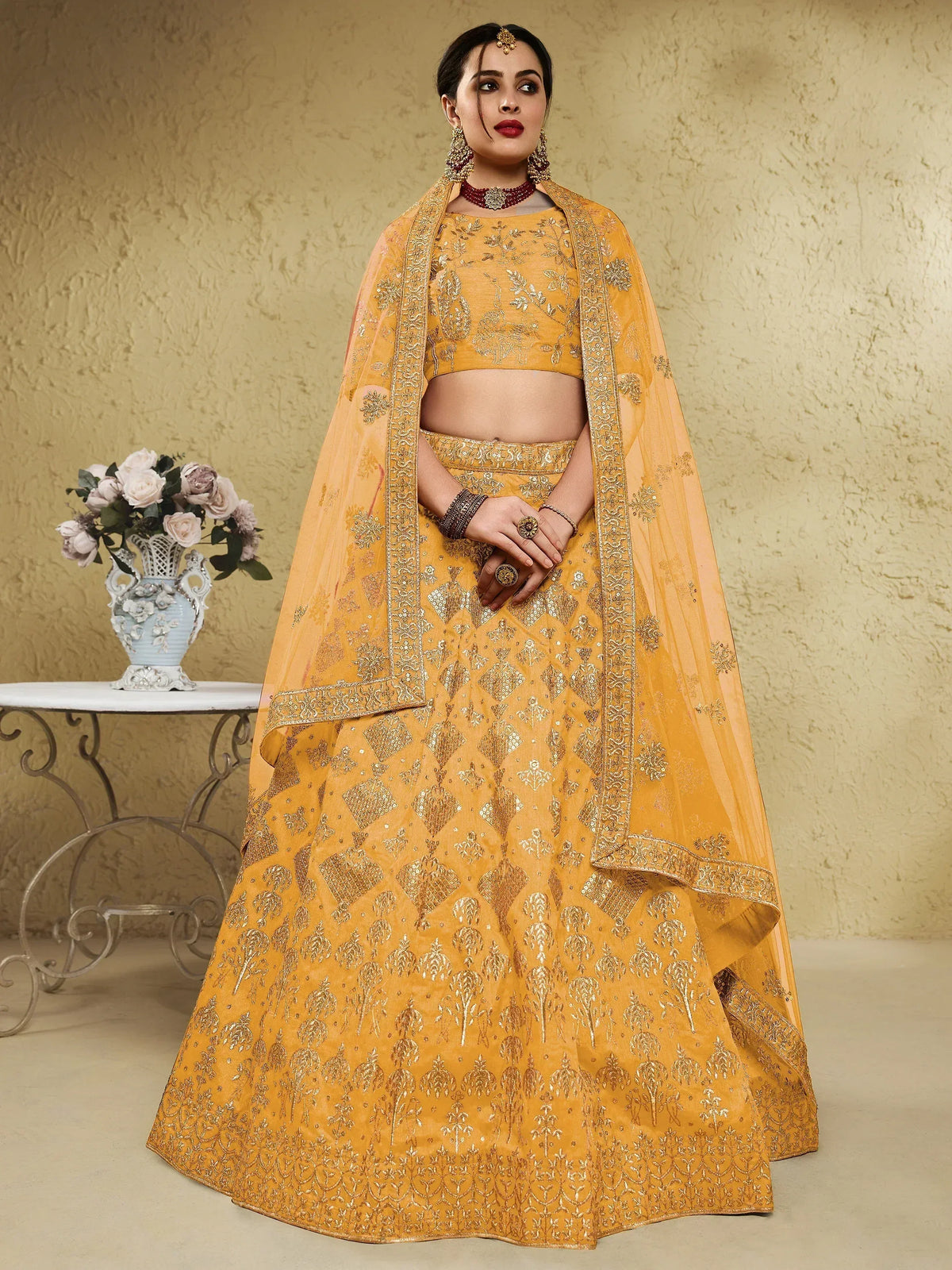 Yellow designer lehenga choli with gold embroidery and dupatta, Indian ethnic wear for weddings