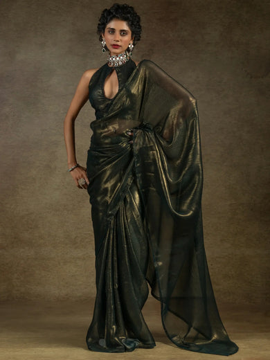 Charming Olive-Green Chiffon Party Wear Pre-Stitched Saree With Blouse