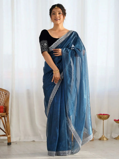Chic Aqua Blue Net Embroidered Party Wear Saree With Blouse - Ethnic Plus In