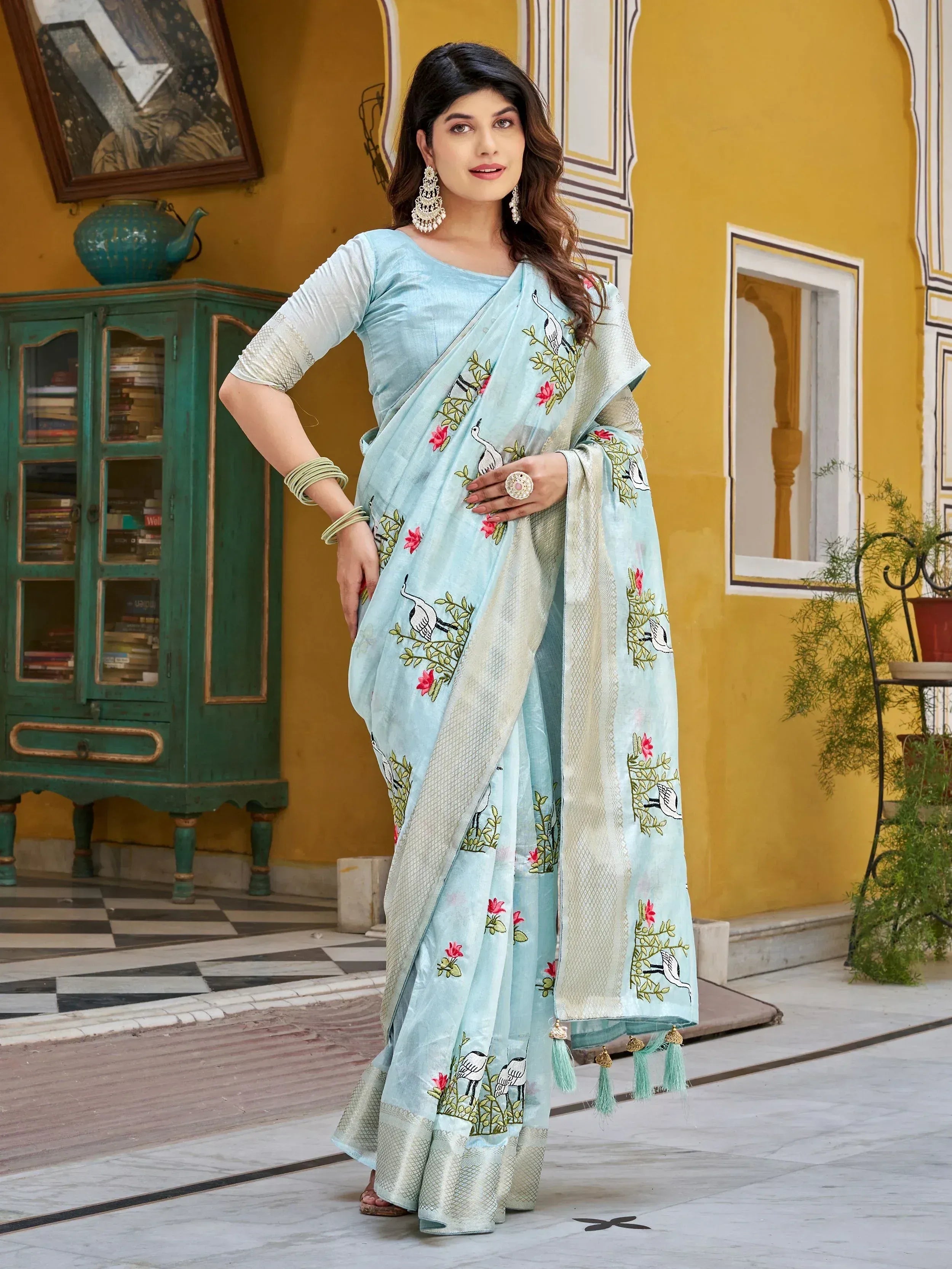 Light blue embroidered saree with bird and floral motifs, perfect for Indian ethnic wear occasions