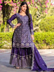 Chic Purple Chinon Sequins Work Engagement Wear Palazzo Suit - Ethnic Plus In