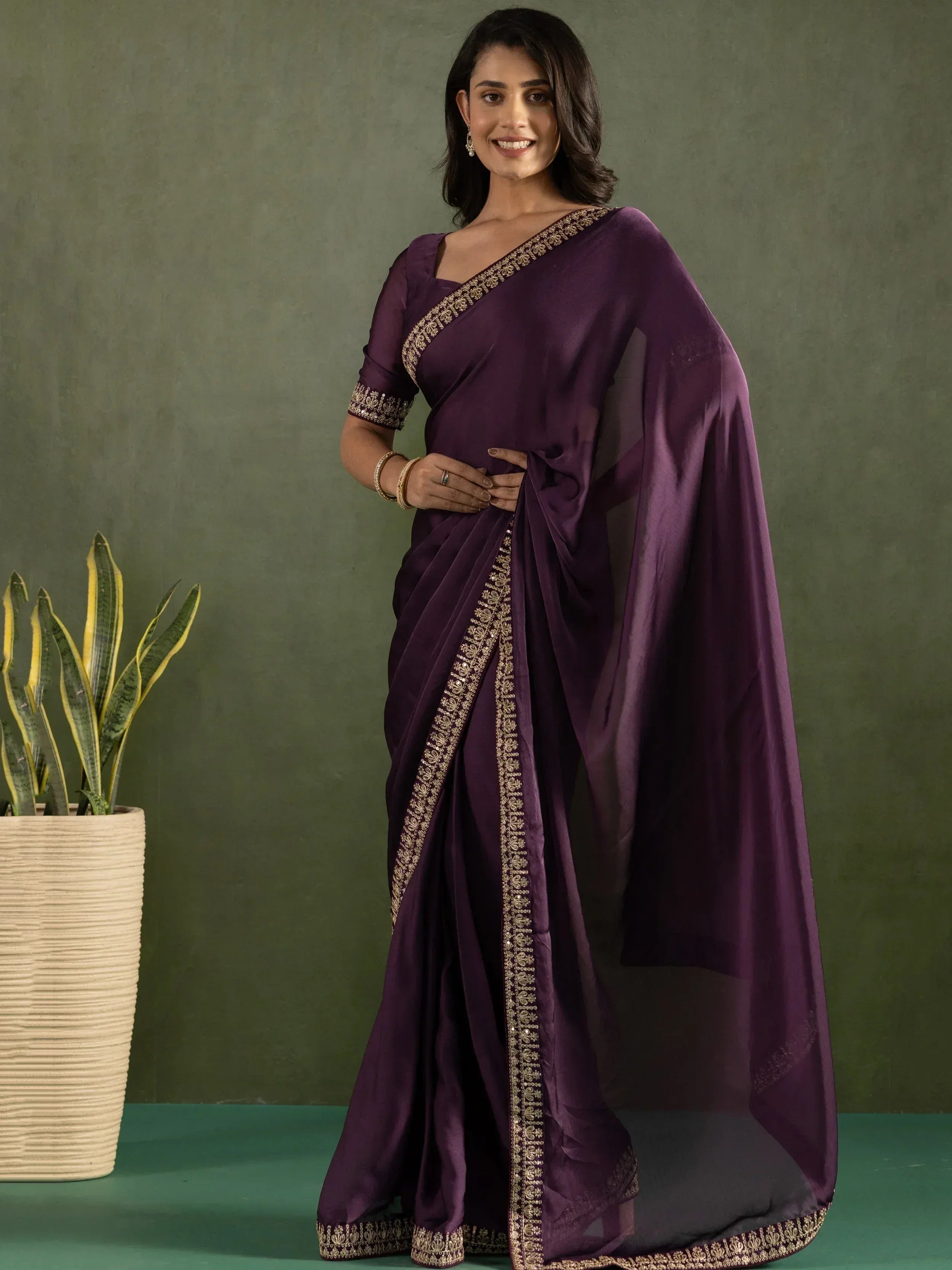 Purple saree with gold embroidery, Indian ethnic wear for women