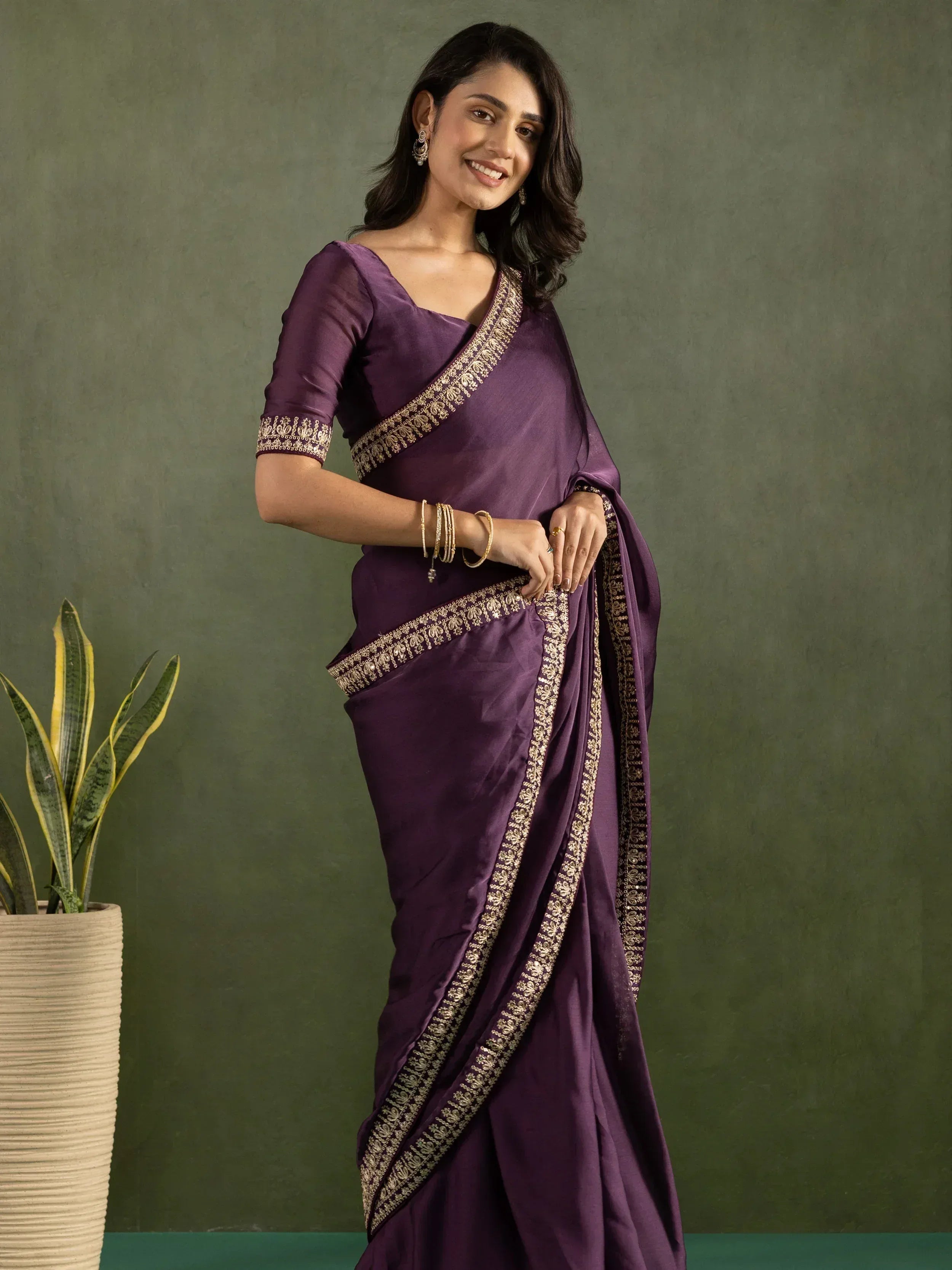 Purple saree with gold embroidery, stylish ethnic wear for women