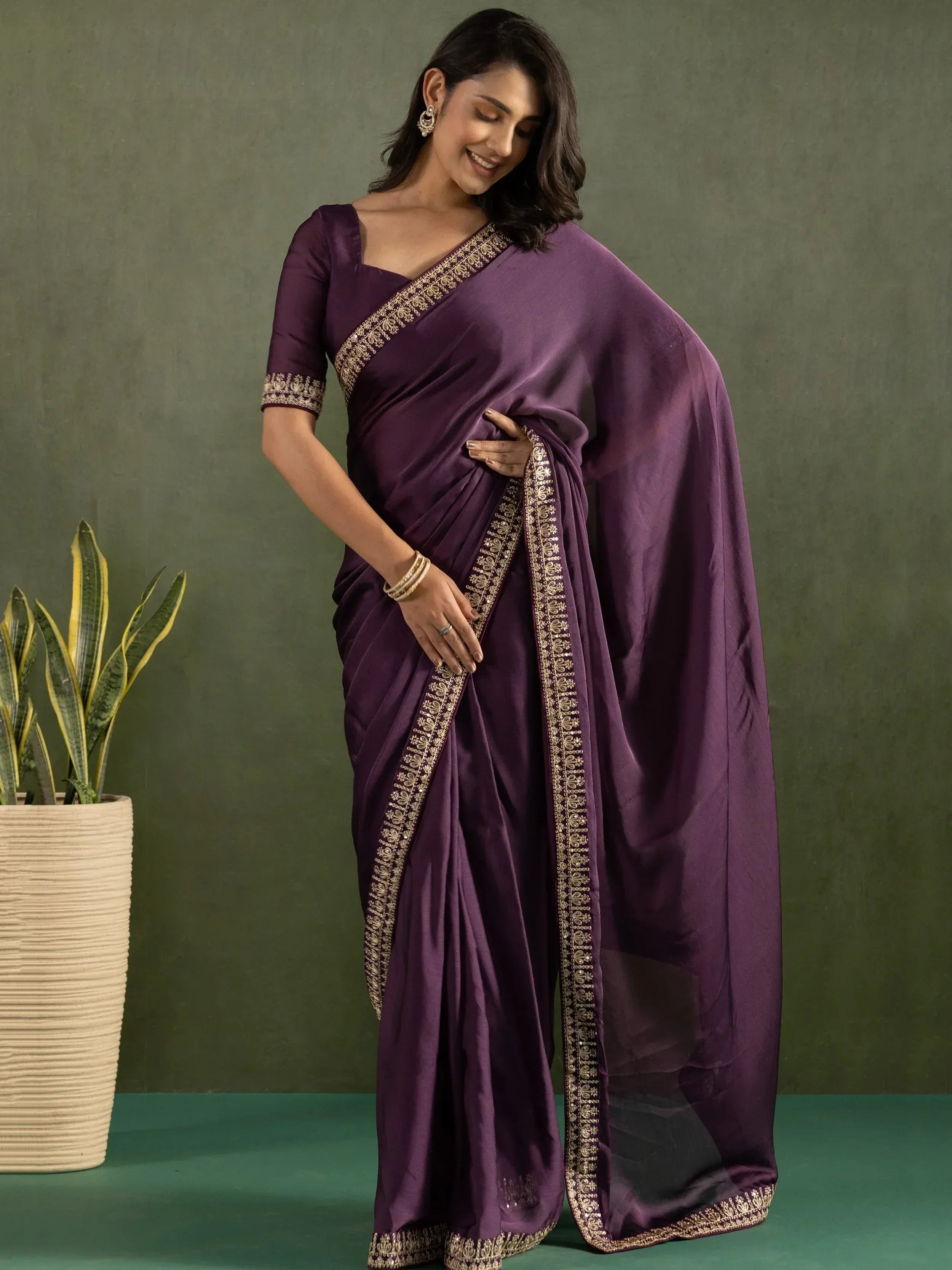 Purple saree with gold embroidery, elegant Indian ethnic wear for women