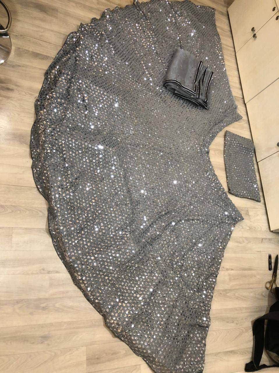 Grey sequin lehenga fabric with matching dupatta, ready for stitching