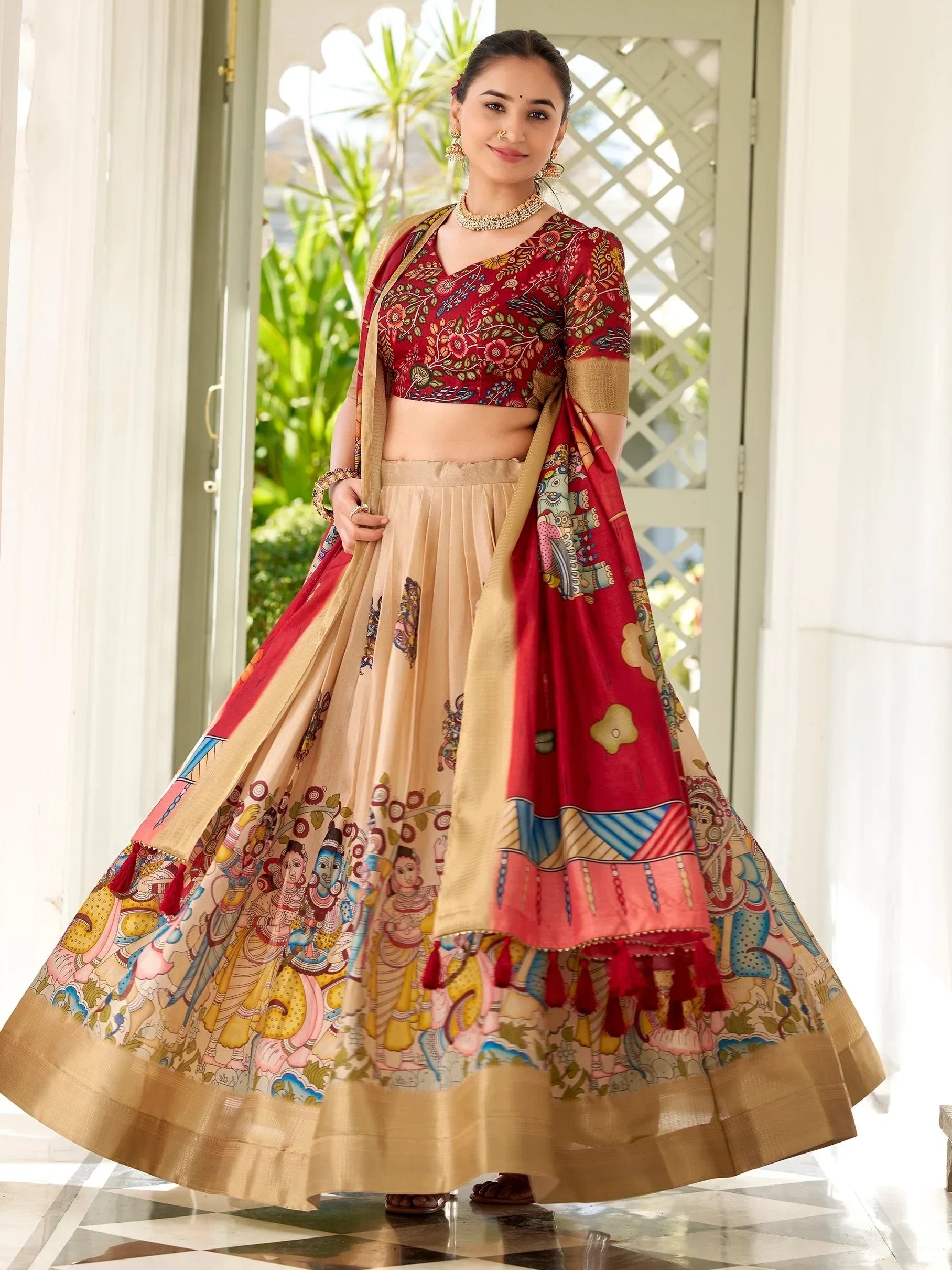 Red and beige printed lehenga choli with traditional motifs, perfect for Indian ethnic wear occasions