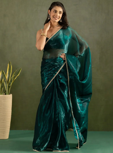 Classy Dark Green Lace Bordered Chiffon Ready To Drape Saree - Ethnic Plus In