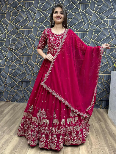 Classy Red Georgette Thread Embroidered Gown With Dupatta - Ethnic Plus In