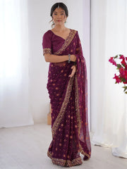 Classy Wine Embroidered Lace Georgette Party Wear Saree With Blouse - Ethnic Plus In