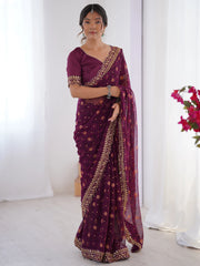 Classy Wine Embroidered Lace Georgette Party Wear Saree With Blouse - Ethnic Plus In