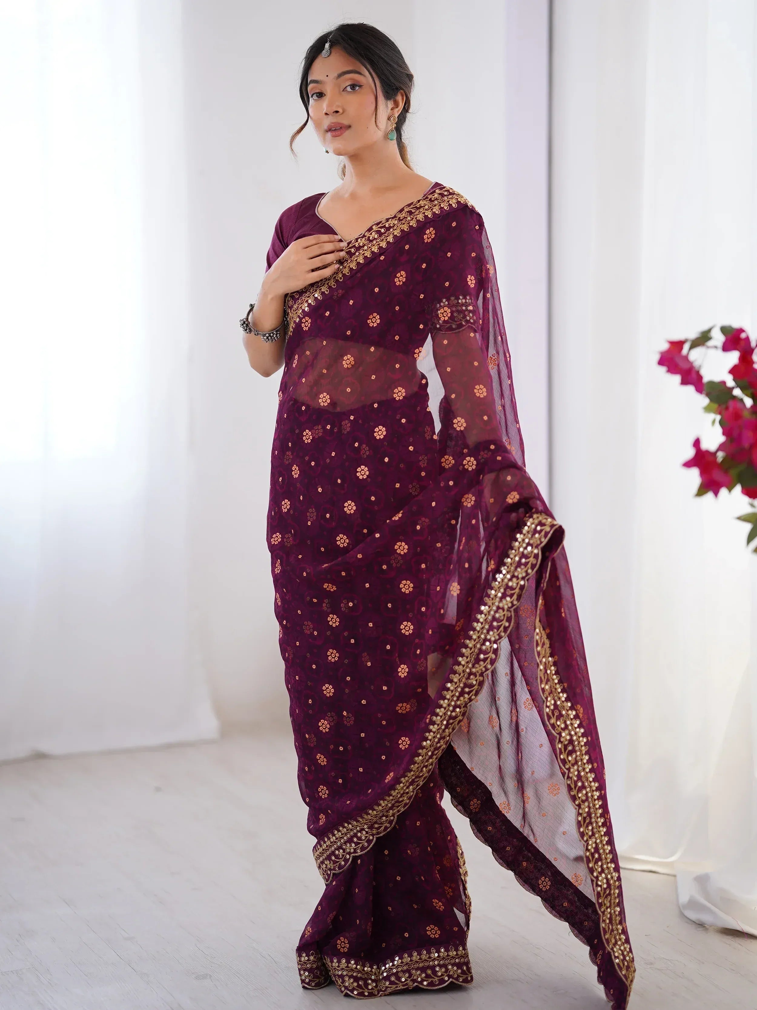 Classy Wine Embroidered Lace Georgette Party Wear Saree With Blouse - Ethnic Plus In