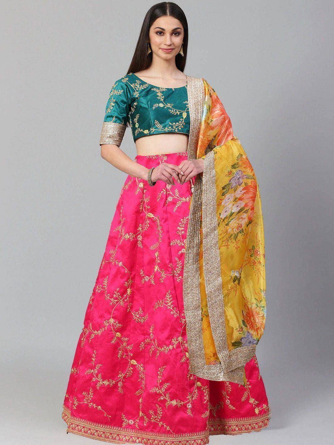 Pink lehenga with green blouse and floral dupatta, Indian ethnic wear for women