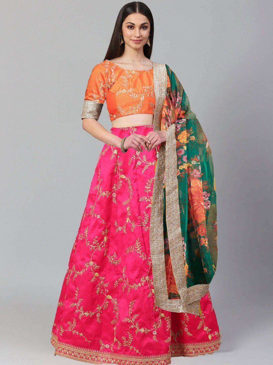 Pink and orange embroidered lehenga choli with floral dupatta, Indian ethnic wear