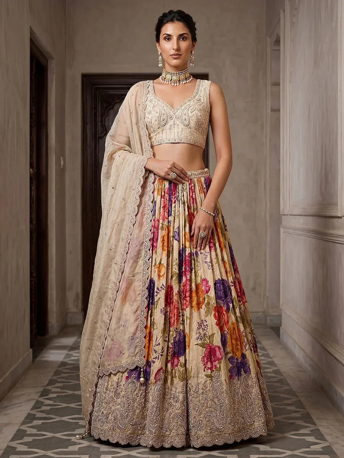 Stunning Cream Floral Printed Wedding Wear Lehenga Choli With Dupatta