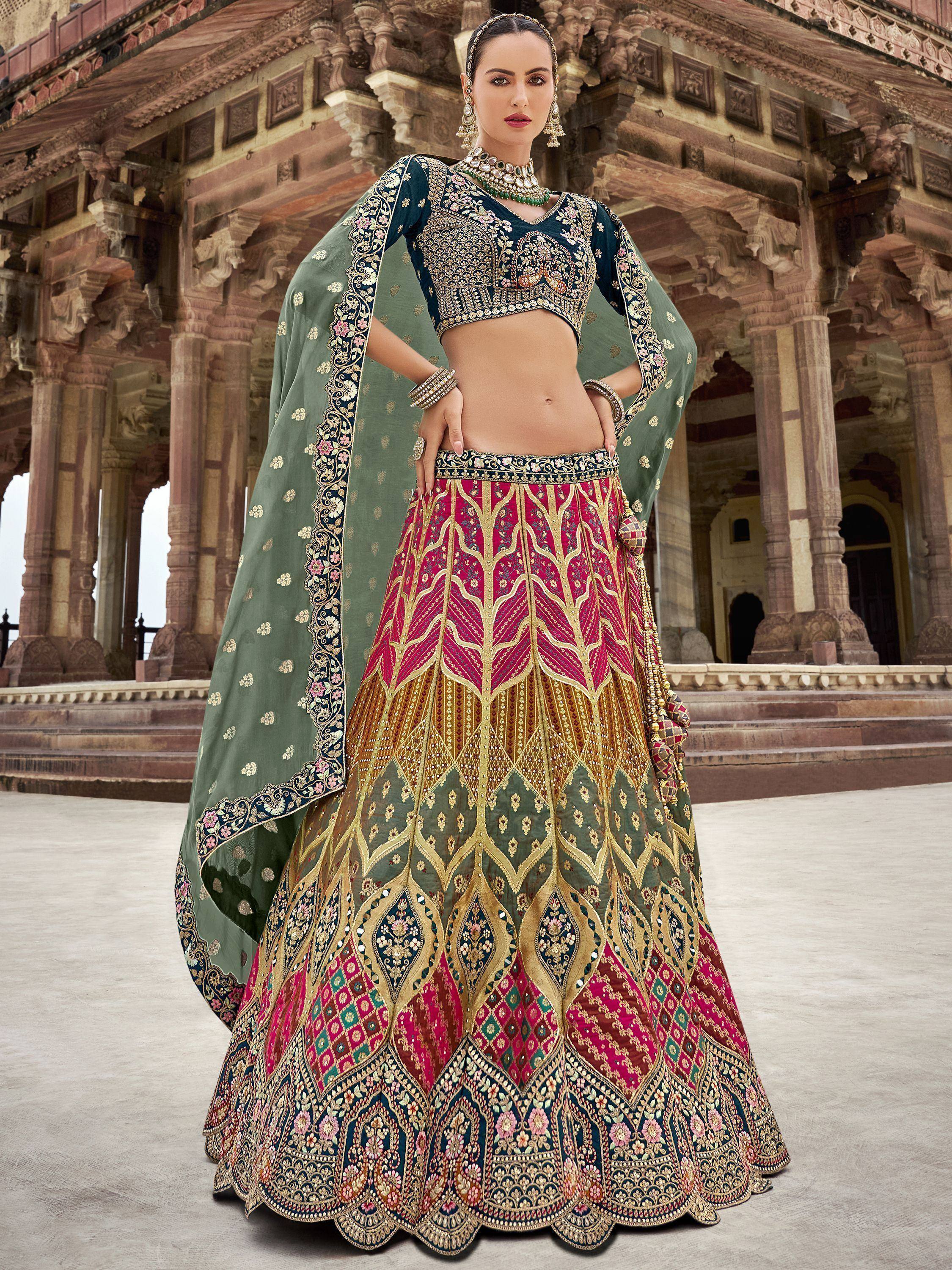 Designer lehenga choli with intricate embroidery, perfect for Indian weddings and festive occasions.