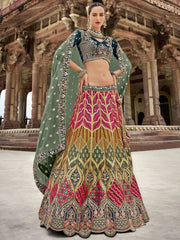 Cute Multi - Color Thread Work Banarasi Silk Wedding Wear Lehenga Choli - Ethnic Plus In