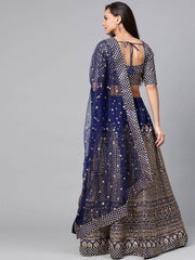 Navy Blue Embroidered Semi-Stitched Myntra Lehenga & Unstitched Blouse with Dupatta