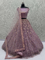 Alluring Lavender Net Zircon Work Lehenga Choli With Dupatta