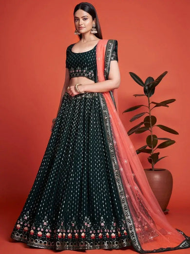 Splendid Bottle Green Sequined Georgette Bridesmaid Lehenga Choli