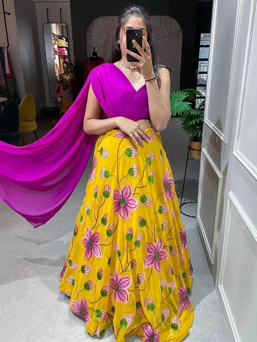 Yellow floral lehenga with pink dupatta, Indian ethnic wear for women