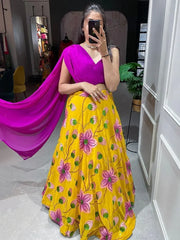 Sassy Dark Pink-Yellow Sequines Georgette Party Wear Crop-Top Lehenga