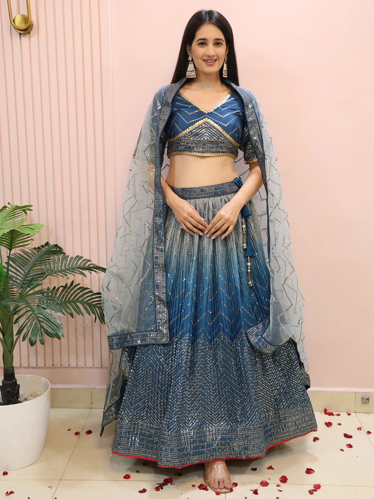 Blue sequin lehenga choli with dupatta, Indian ethnic wear for weddings and parties