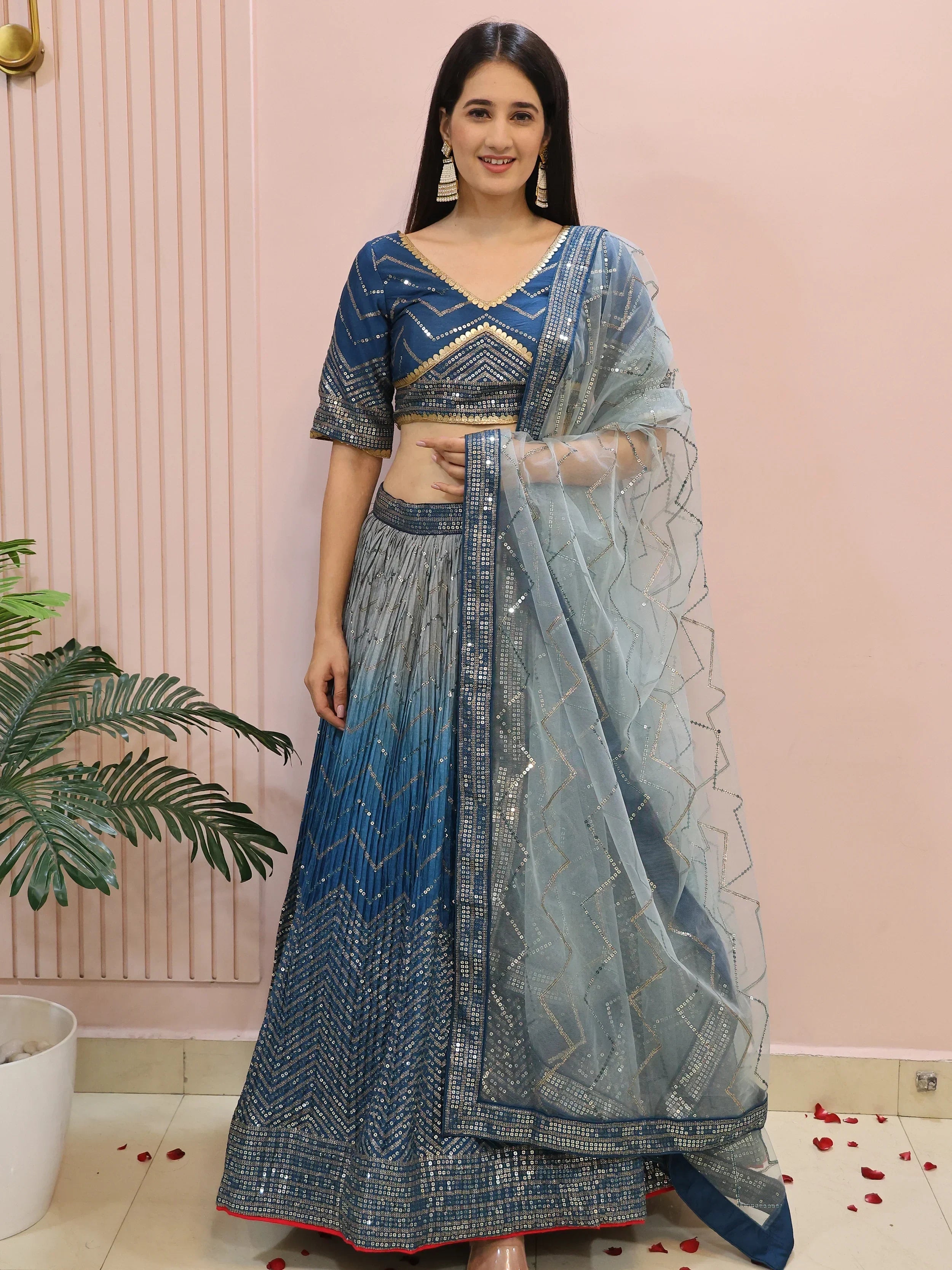Dazzling Blue Chinon Sequins Party Wear Lehenga Choli - Ethnic Plus In