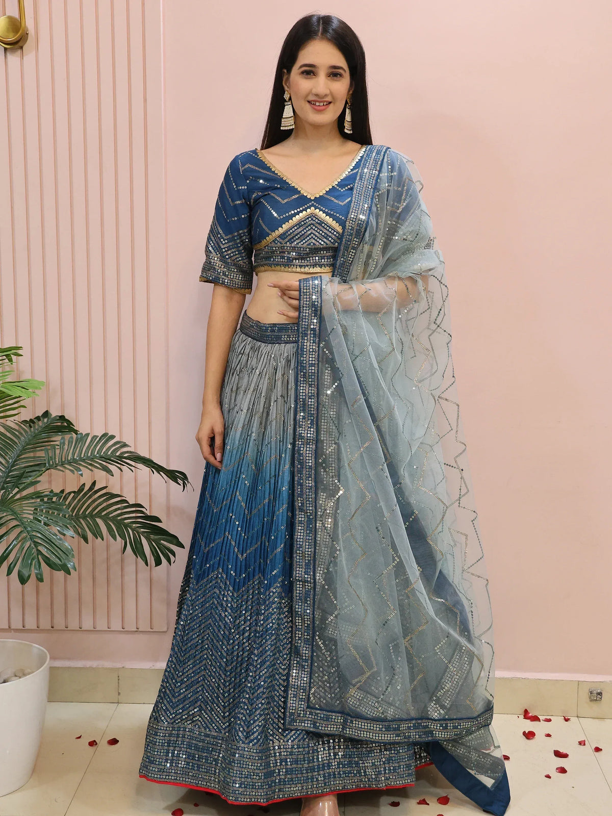 Blue sequin lehenga choli with sheer dupatta, ethnic Indian wear for weddings and parties