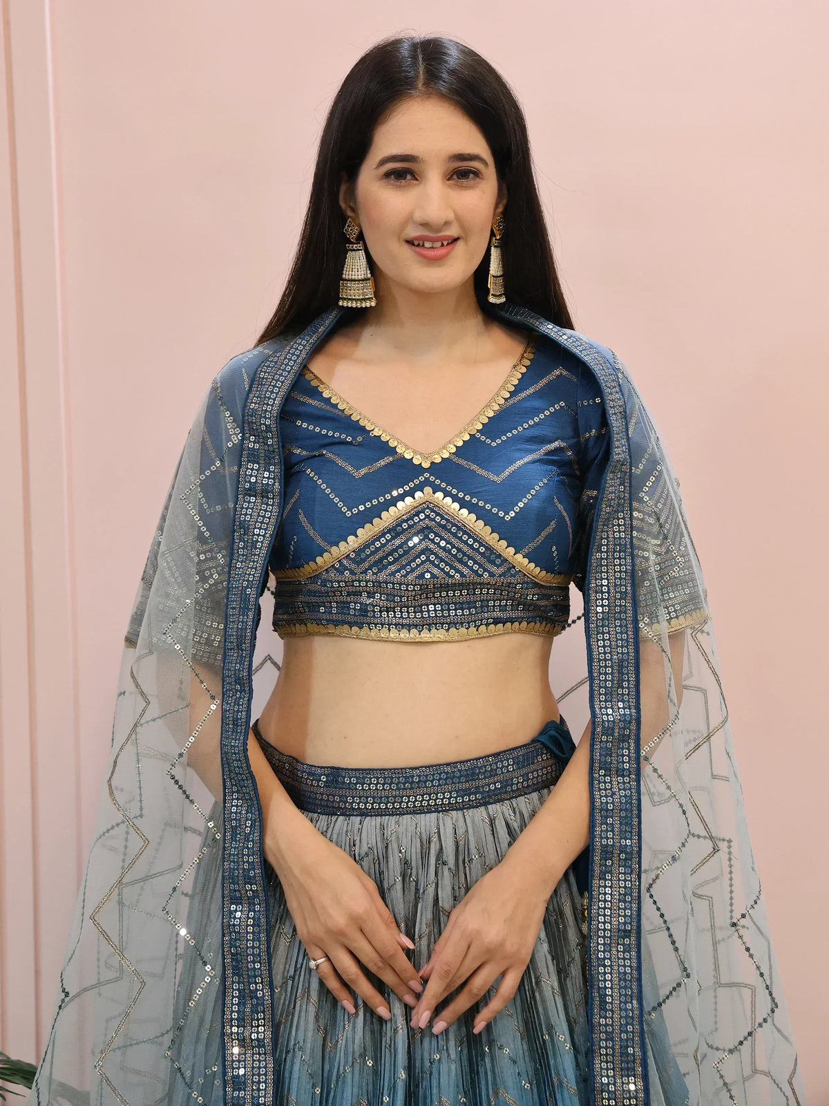 Blue designer lehenga choli with gold mirror work and sheer dupatta, Indian ethnic wear