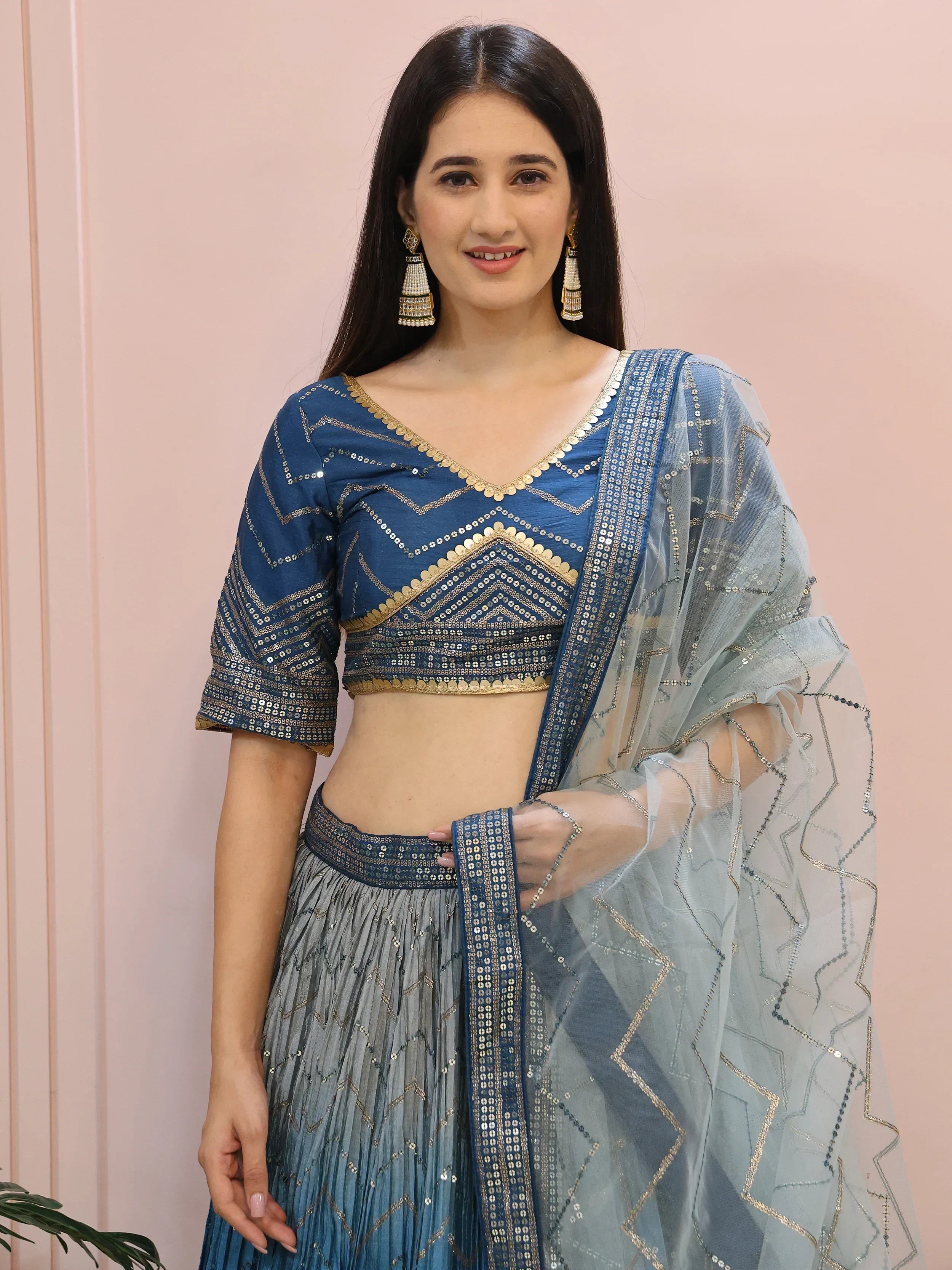 Dazzling Blue Chinon Sequins Party Wear Lehenga Choli - Ethnic Plus In