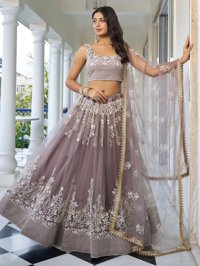 Dazzling Brown Embroidered Net Engagement Wear Lehenga Choli - Ethnic Plus In